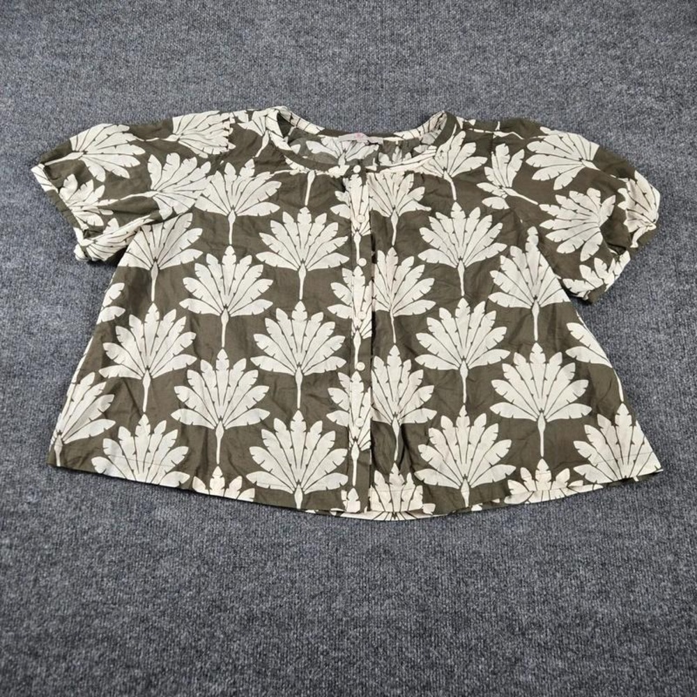 Loft xl olive green ivory Botanical Print Puff Sleeve cotton blend